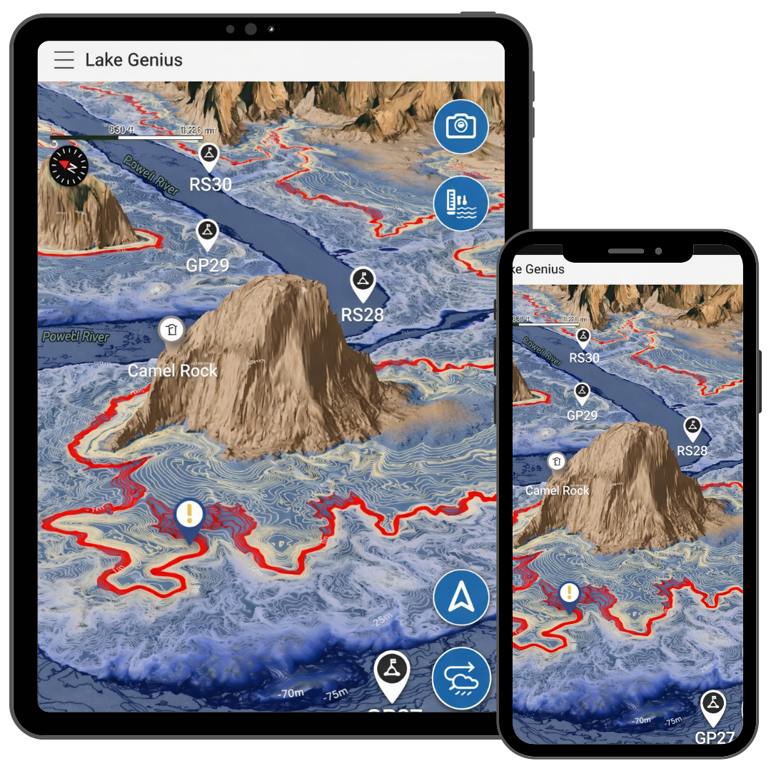 Lake Genius app on tablet and phone showing a 3D map of Camel Rock along the Powell River with depth contours and hazard markers