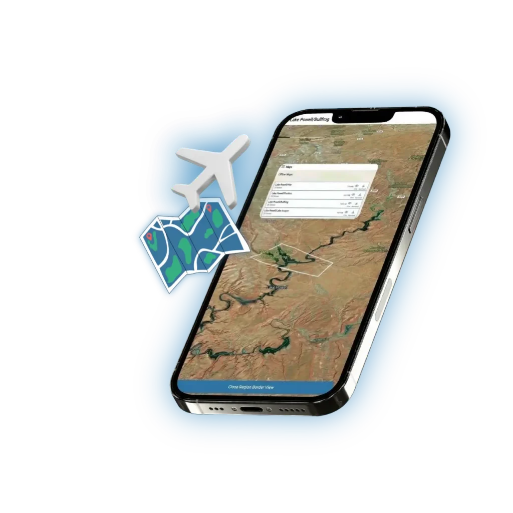 Lake Genius app on a phone with a plane and map icon, showing offline map download options for Lake Powell regions