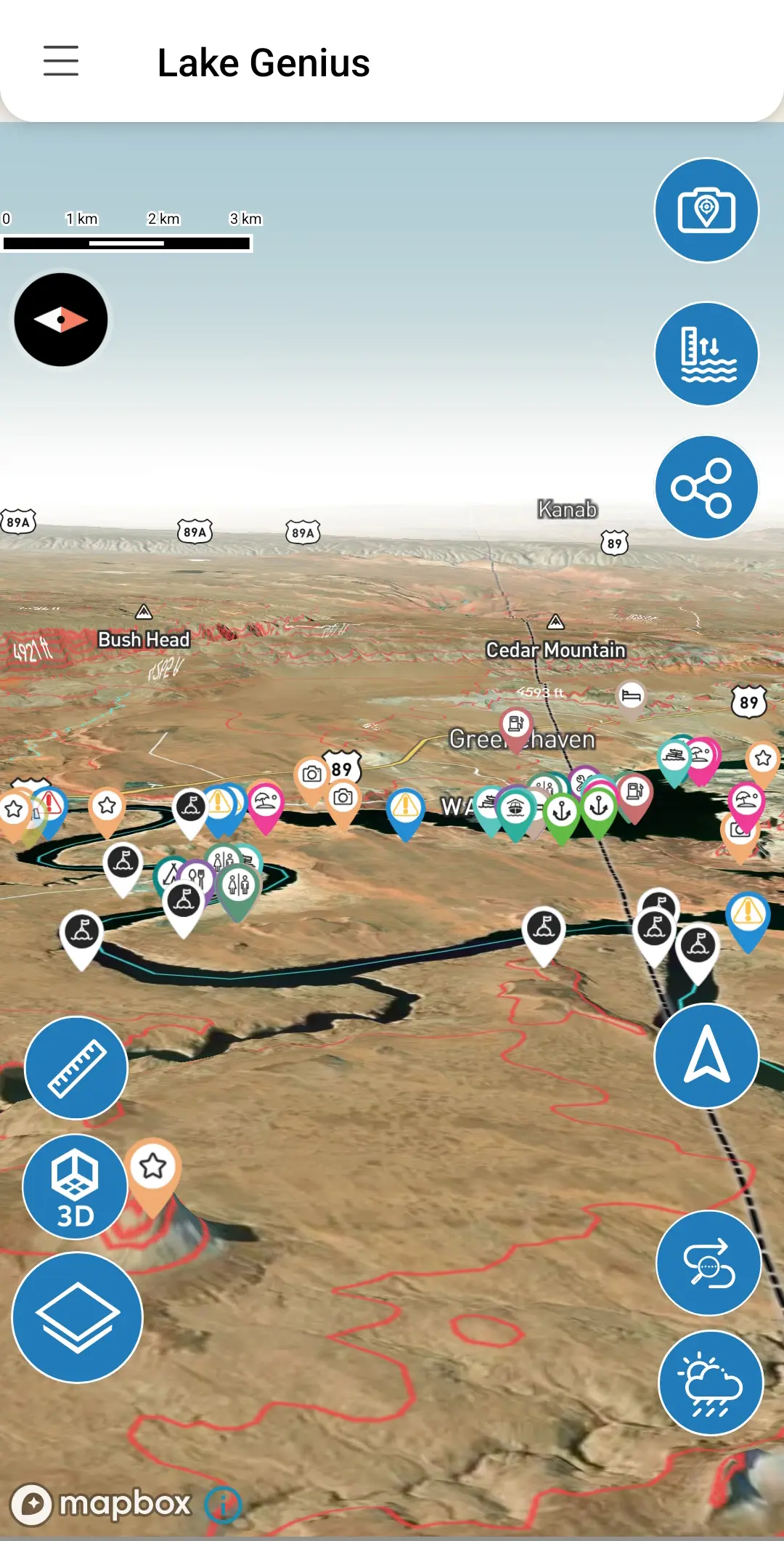 Lake Genius app showing a wide 3D aerial view with dense points of interest markers along a desert lake shoreline