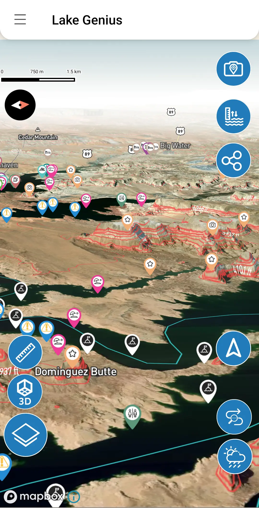 Lake Genius 3D aerial map with points of interest markers over a lake and canyon terrain