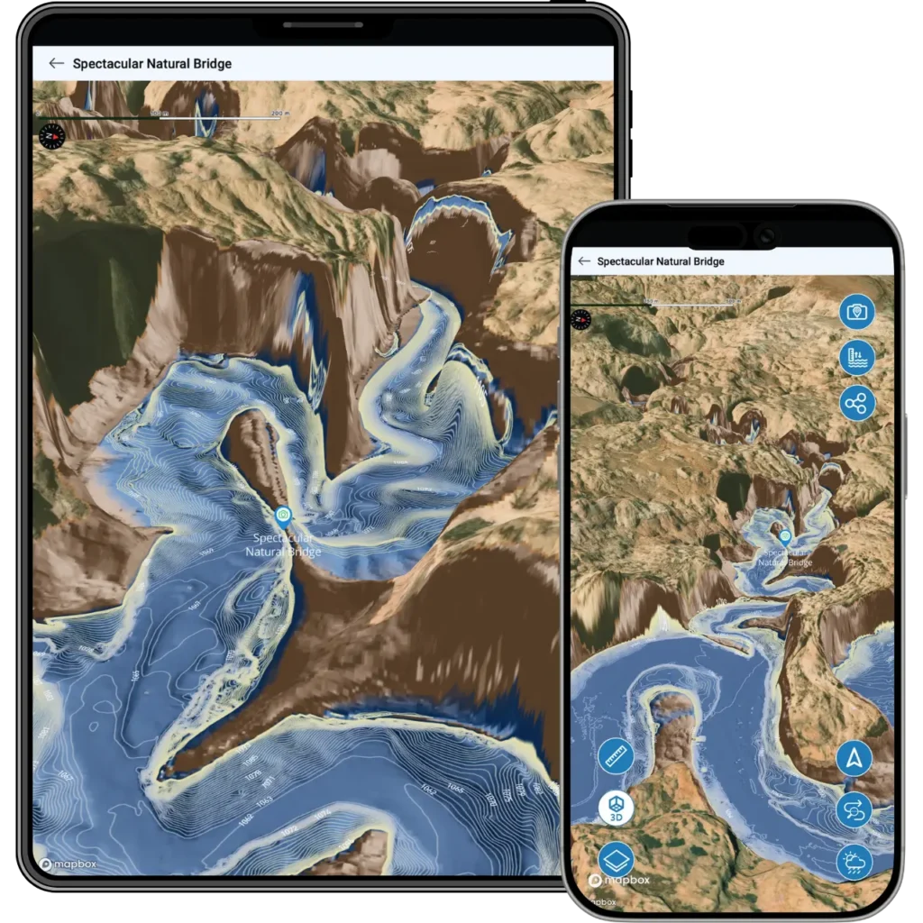 Lake Genius app displayed on a tablet and phone showing a 3D canyon lake map with a photo marker for Spectacular Natural Bridge