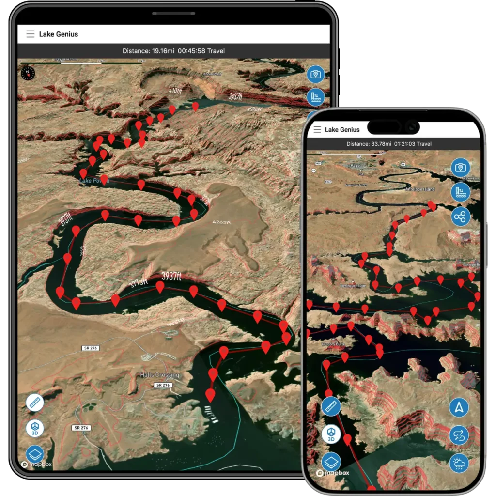 Lake Genius app on tablet and phone showing planned boat routes with red waypoints across Lake Powell, displaying distance and travel time