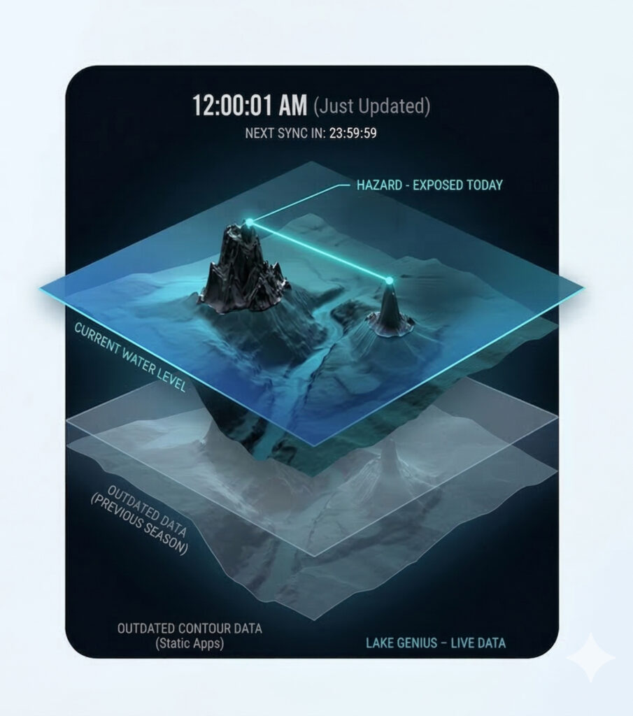 Illustration showing Lake Genius live water level data versus outdated static app data, updated nightly at midnight