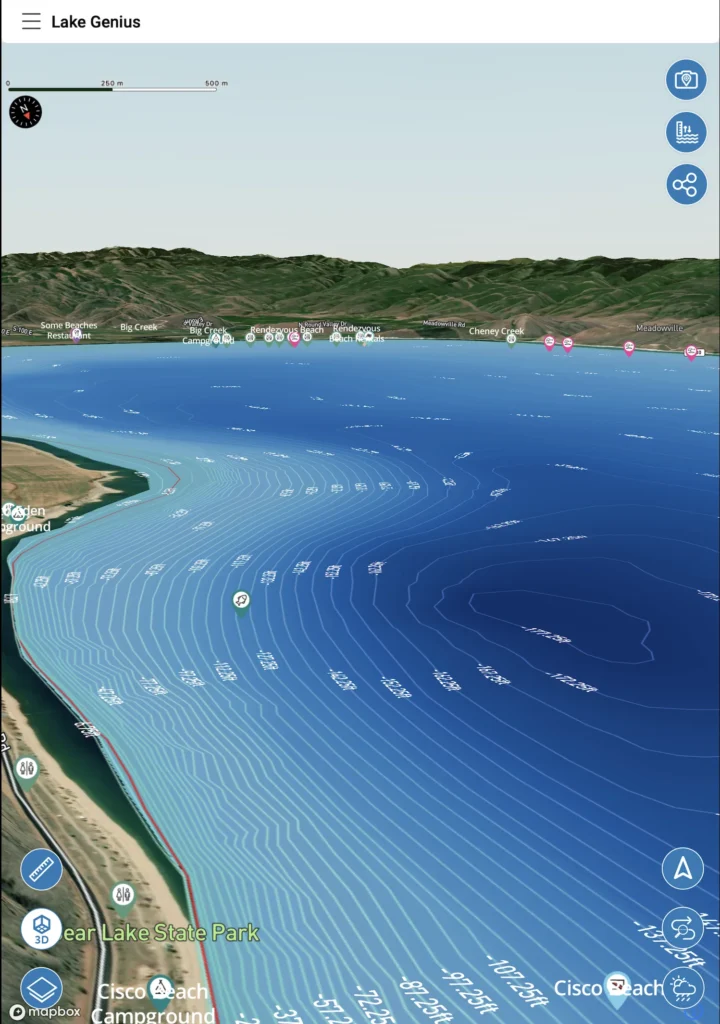 Lake Genius app showing a 3D depth contour map of Bear Lake State Park with campground and beach markers