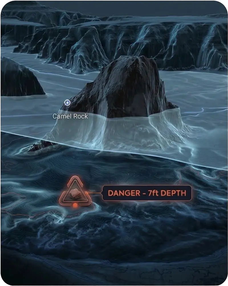 Lake Genius X-ray view showing Camel Rock submerged underwater with a danger warning at 7 ft depth