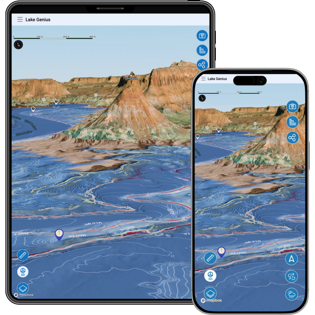 Lake Genius app on tablet and phone showing a 3D map of Castle Butte with water level contours and a hazard marker