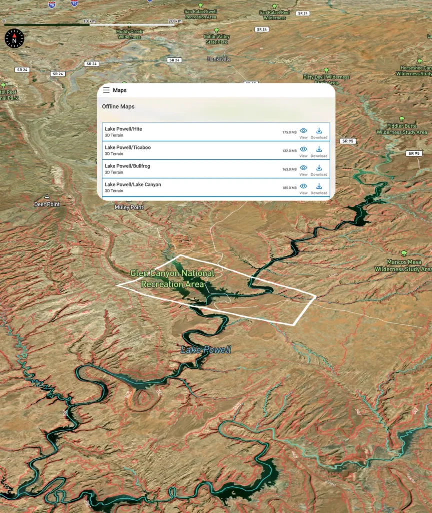 Lake Genius offline maps screen overlaid on an aerial view of Lake Powell and Glen Canyon National Recreation Area