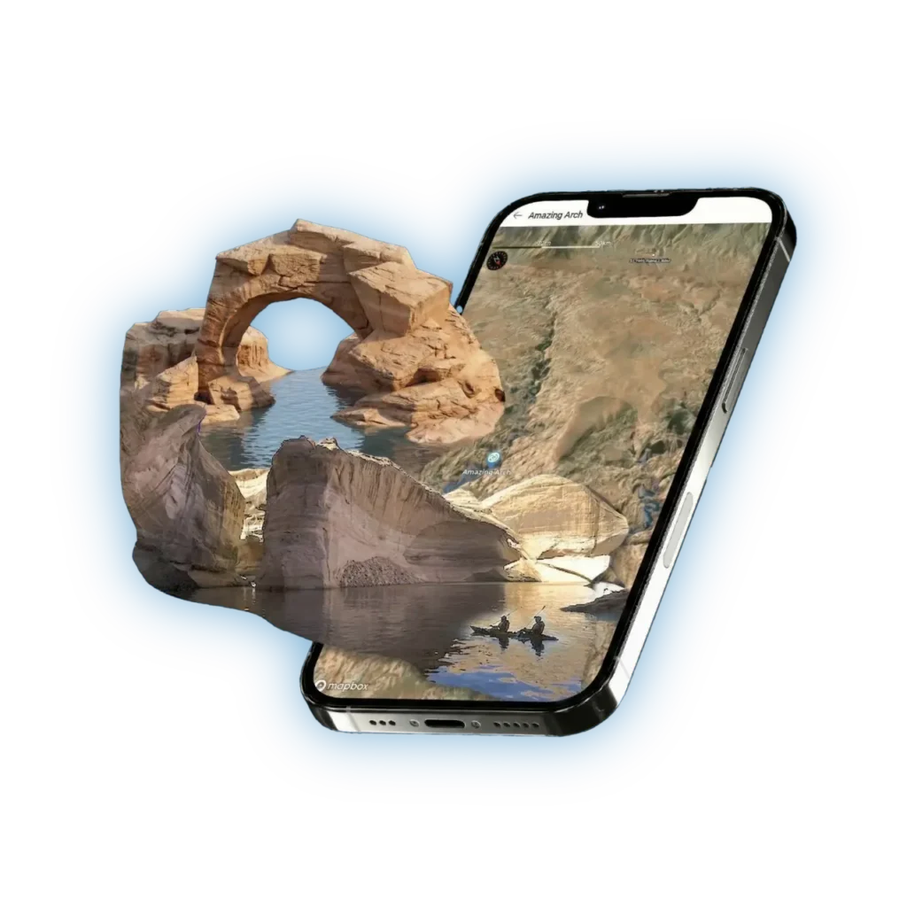 Lake Genius app on a phone next to a sandstone rock arch over water, showing a saved favorite spot called Amazing Arch