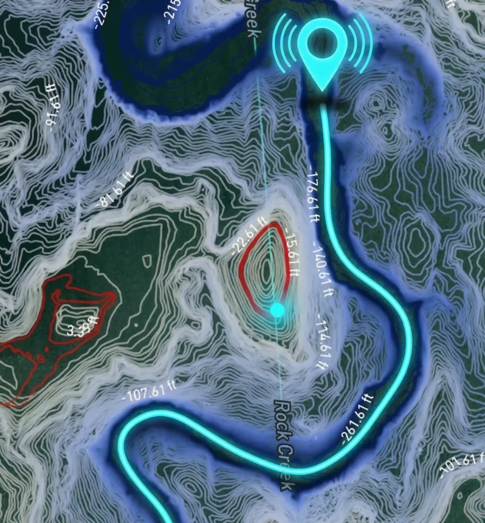 Lake Genius app showing a live GPS route tracked in cyan along a winding lake channel with depth contours and hazard markers