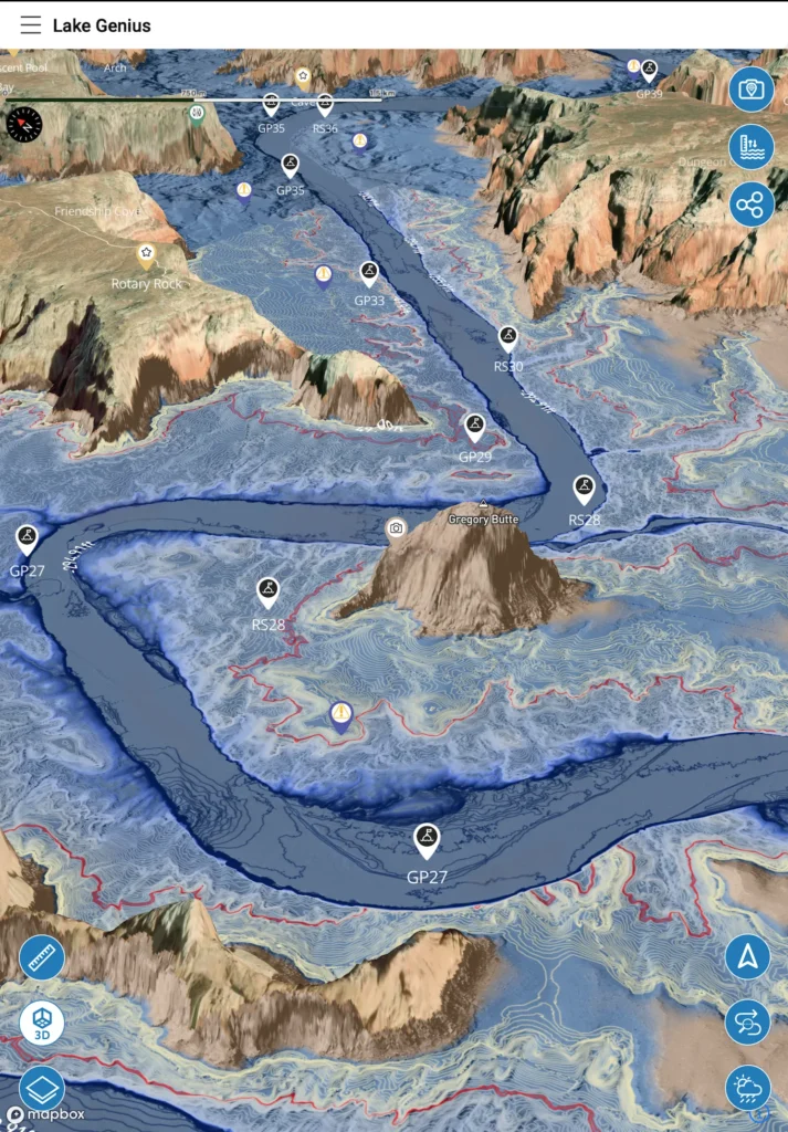 Lake Genius app showing a 3D aerial lake map with named GPS waypoints, hazard markers, and Gregory Butte visible
