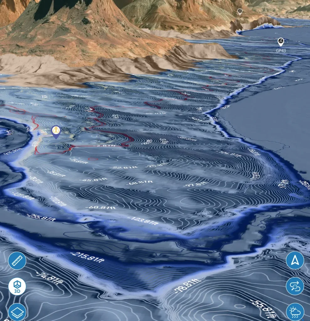 Lake Genius 3D map showing lake water levels with depth contours and a hazard marker near the shoreline