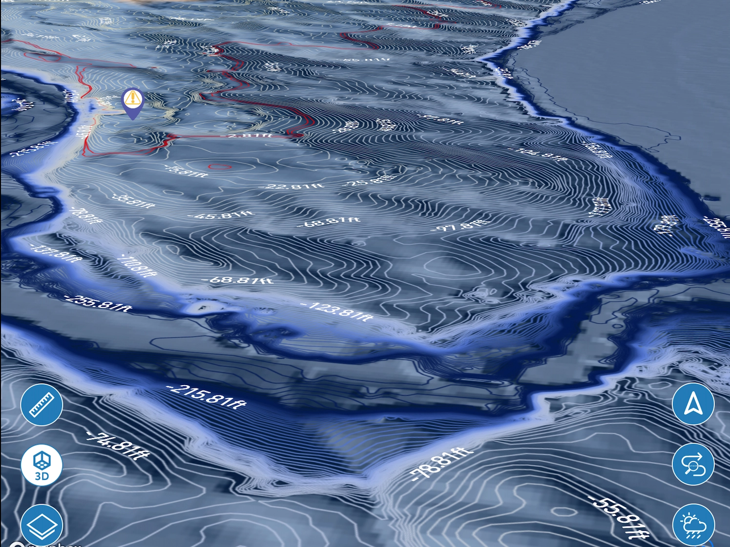 Lake Genius app showing a 3D depth contour map with a hazard warning marker near the shoreline