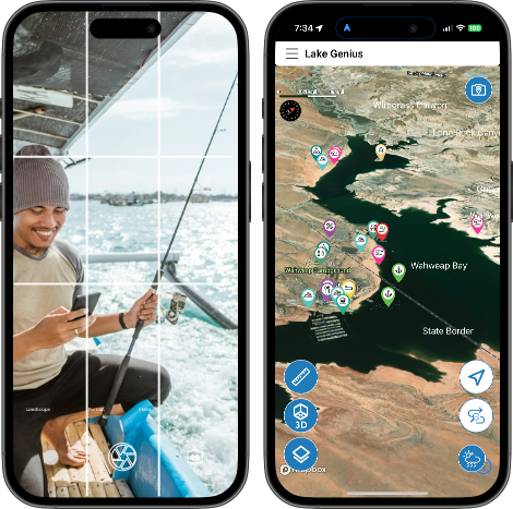 Two phones showing Lake Genius app — one with a photo of a fisherman, another with a lake map and points of interest