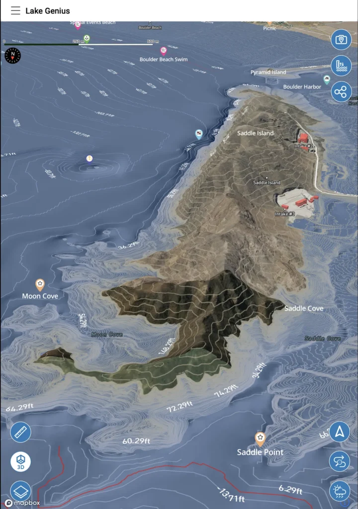 Lake Genius app showing a 3D map of Lake Mead with Saddle Island, Moon Cove, and depth contours