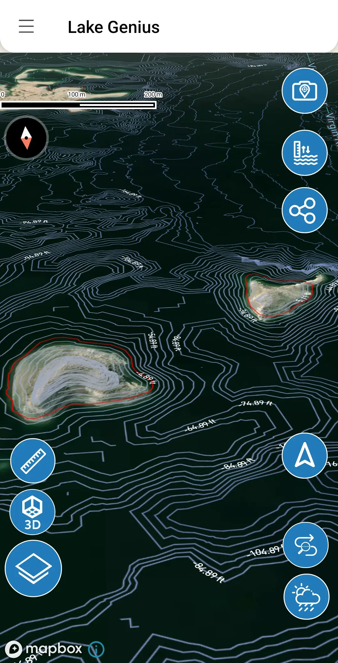Lake Genius 3D map showing submerged landmasses with depth contour lines
