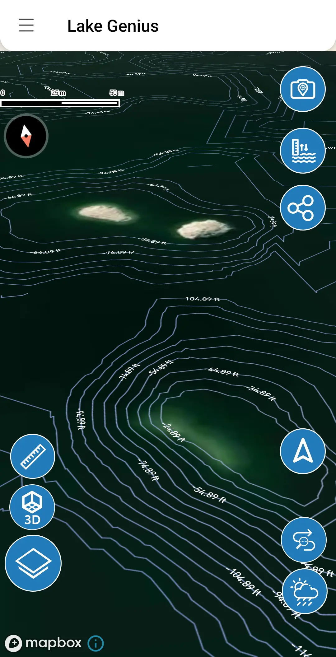 Lake Genius app showing submerged rock formations with depth contour lines in offline map view