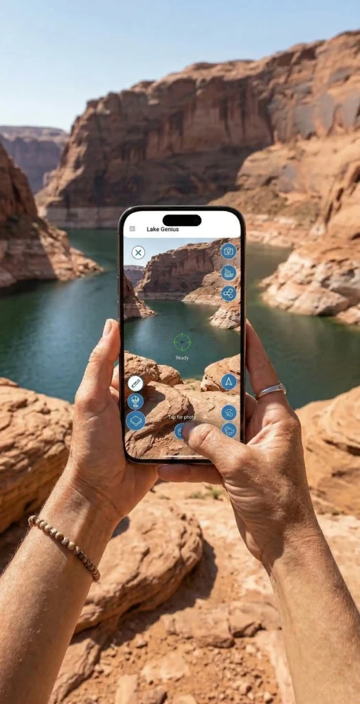 Person holding a phone with Lake Genius app open, capturing a photo marker at a canyon lake