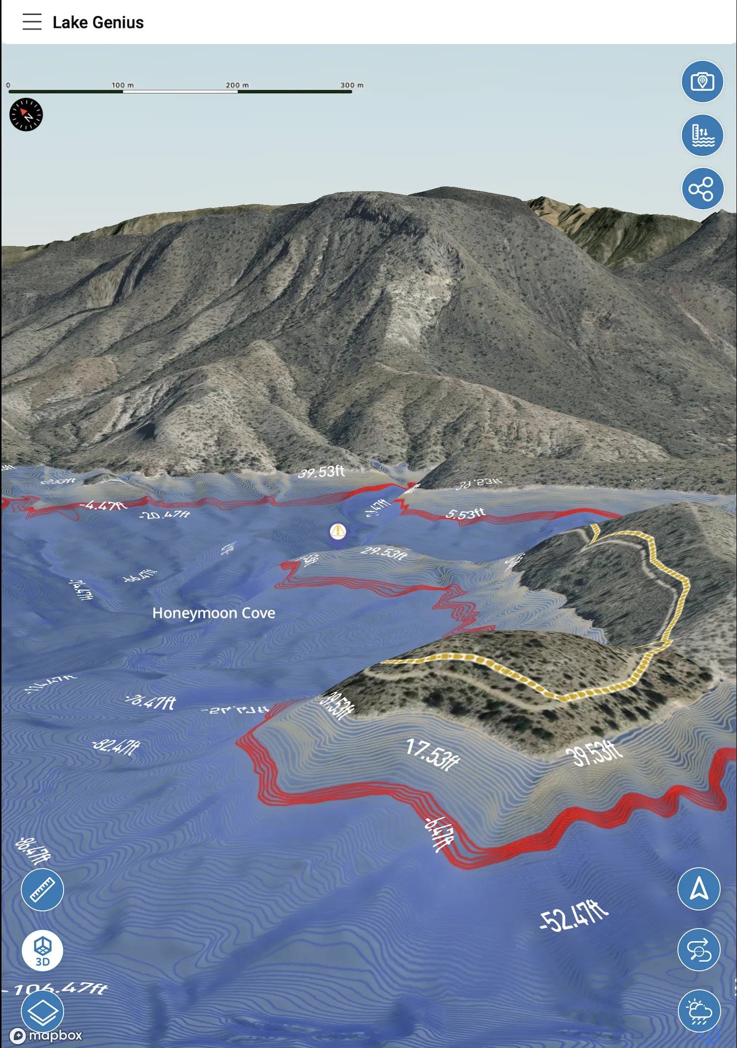Lake Genius app showing a 3D aerial view of Honeymoon Cove with depth contours and a highlighted island trail