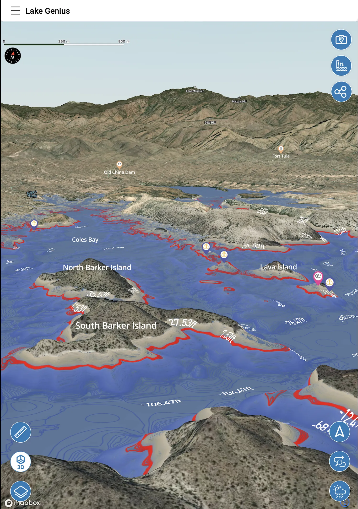 Lake Genius app showing a 3D map of Lake Pleasant with named islands, depth readings, and shoreline hazard markers
