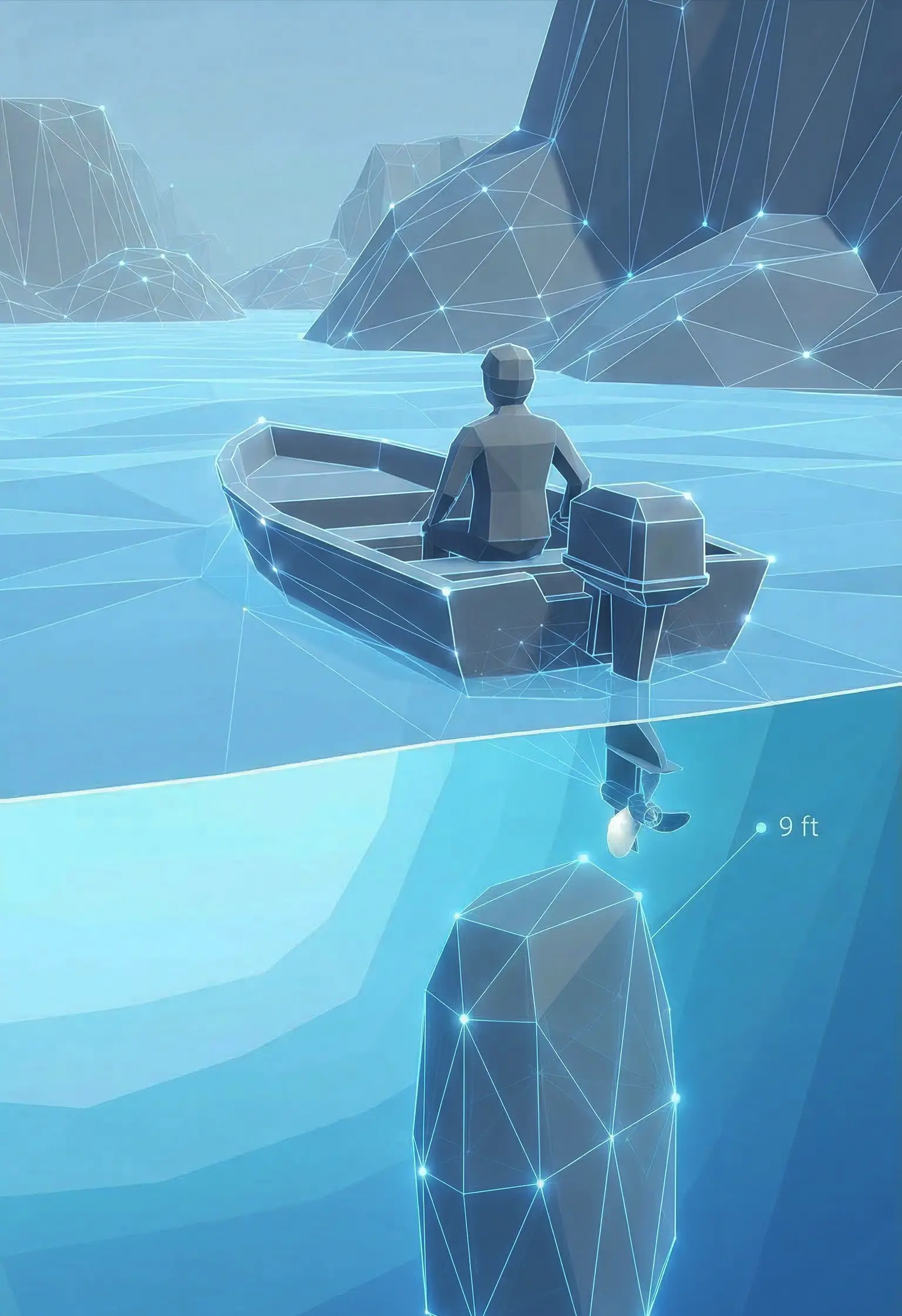 Low-poly illustration of a boater above a submerged rock at 9 ft depth, showing underwater hazard awareness