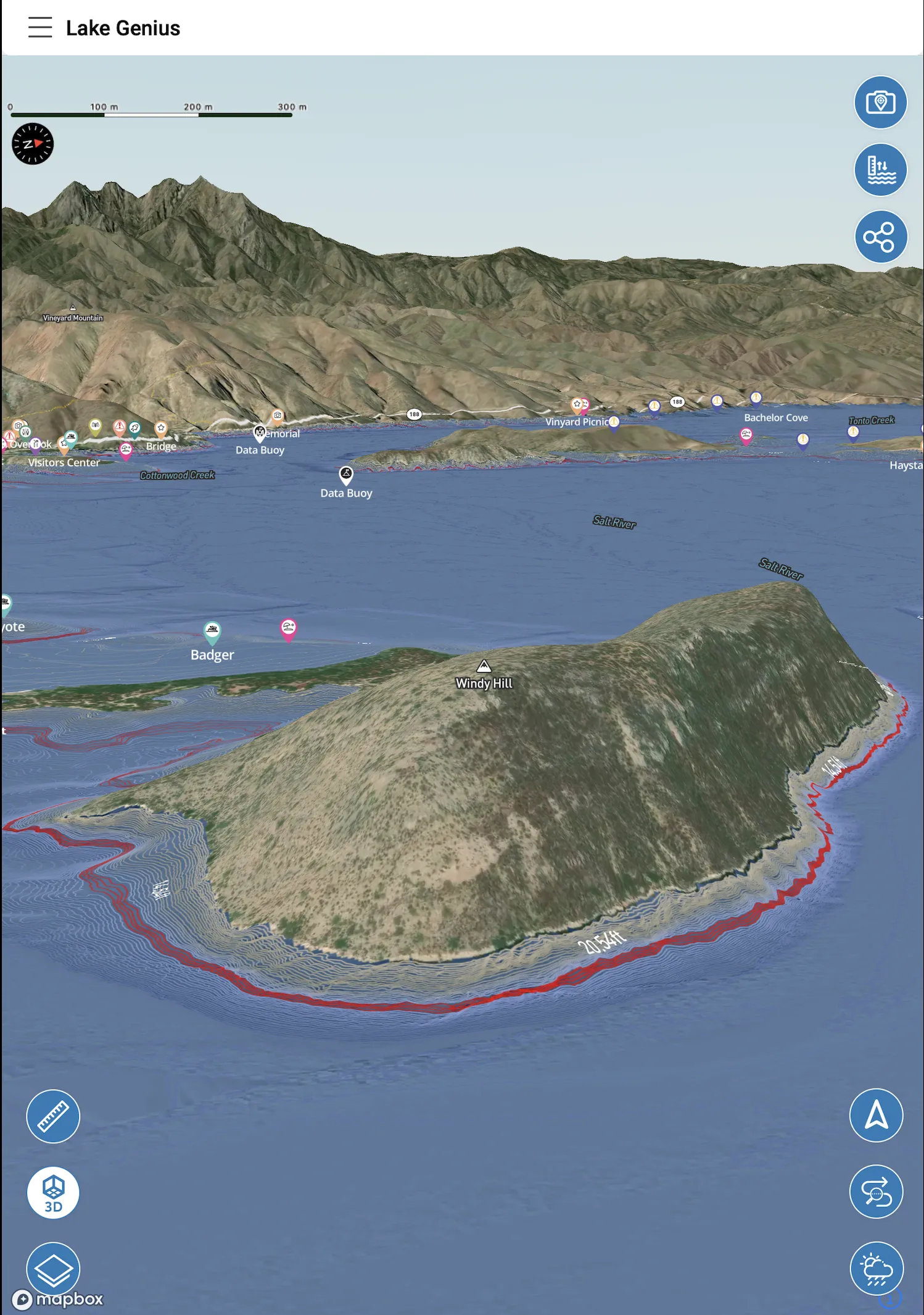 Lake Genius app showing a 3D aerial view of Roosevelt Lake with Windy Hill island, shoreline hazard markers, and named POIs