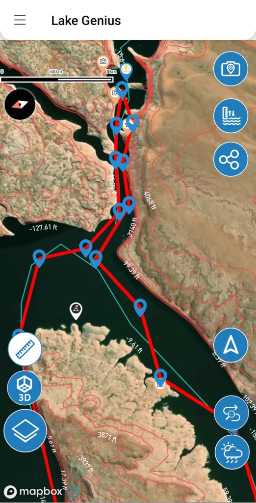 Lake Genius app showing a detailed boat route with multiple red waypoint lines along a winding desert lake channel