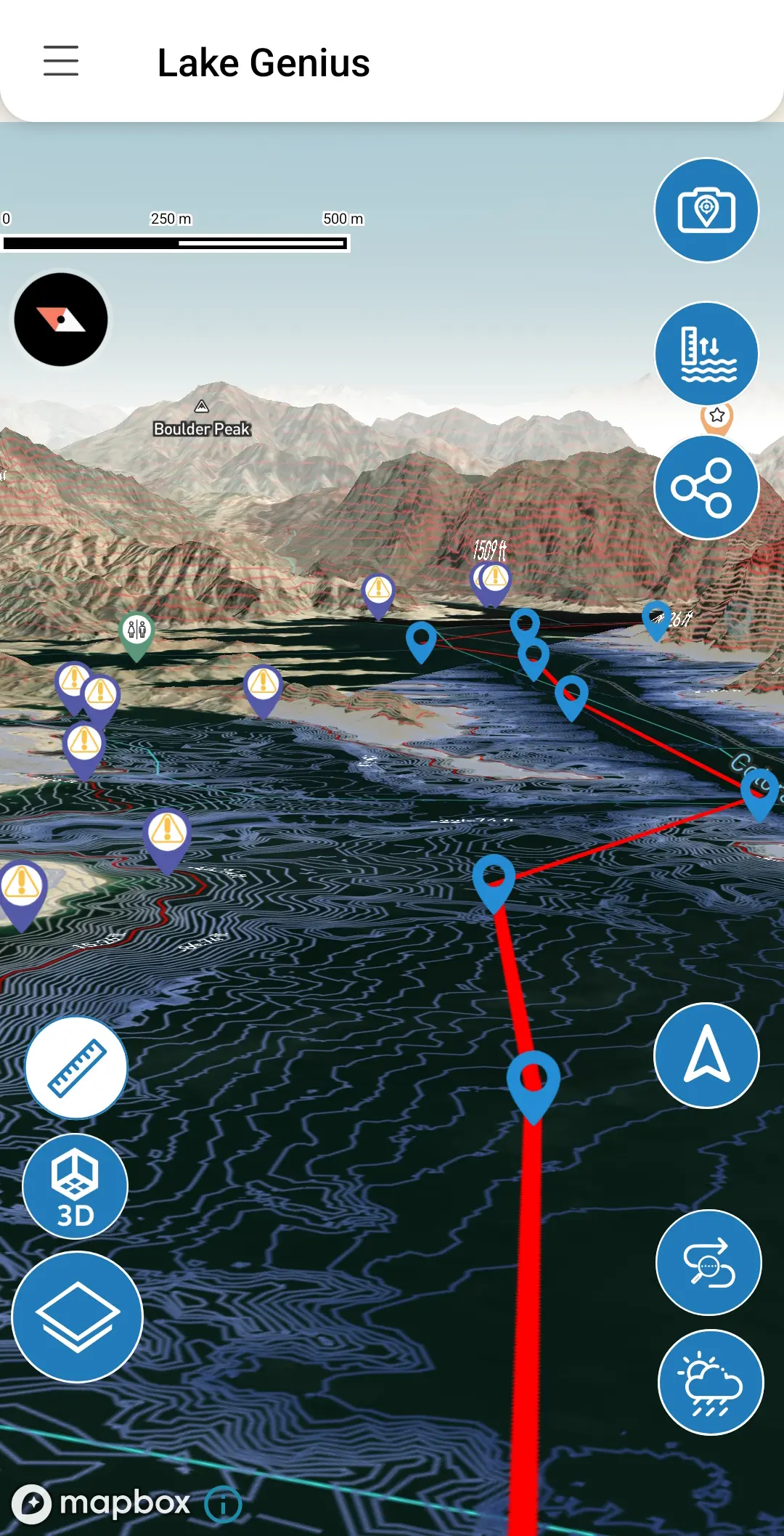 Lake Genius app showing a route plan with red lines connecting waypoints across a lake near Boulder Peak