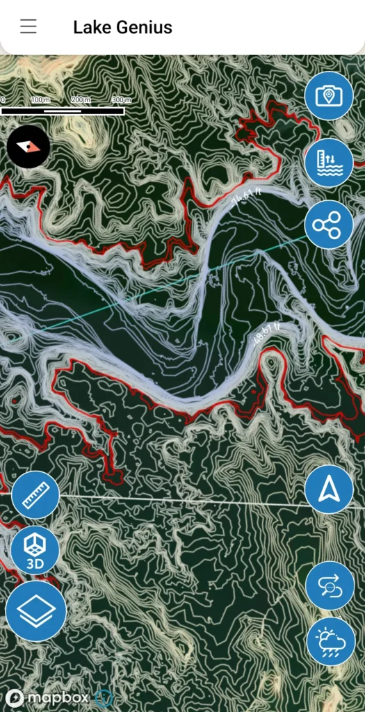 Lake Genius app showing a top-down shoreline map with depth contours, red hazard markers, and a distance measurement tool active