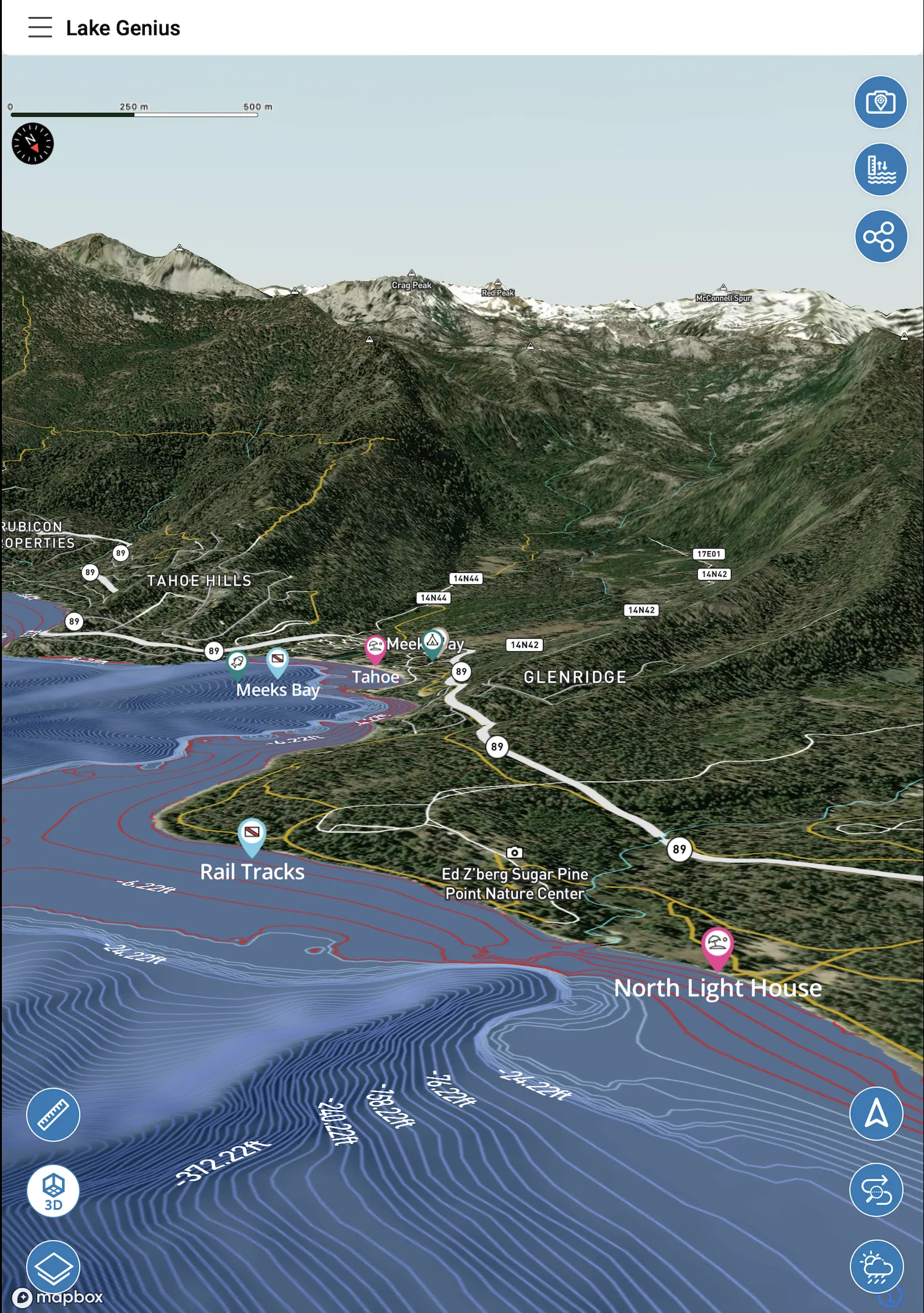 Lake Genius app showing a 3D map of Lake Tahoe near Meeks Bay and Glenridge with depth contours and named points of interest