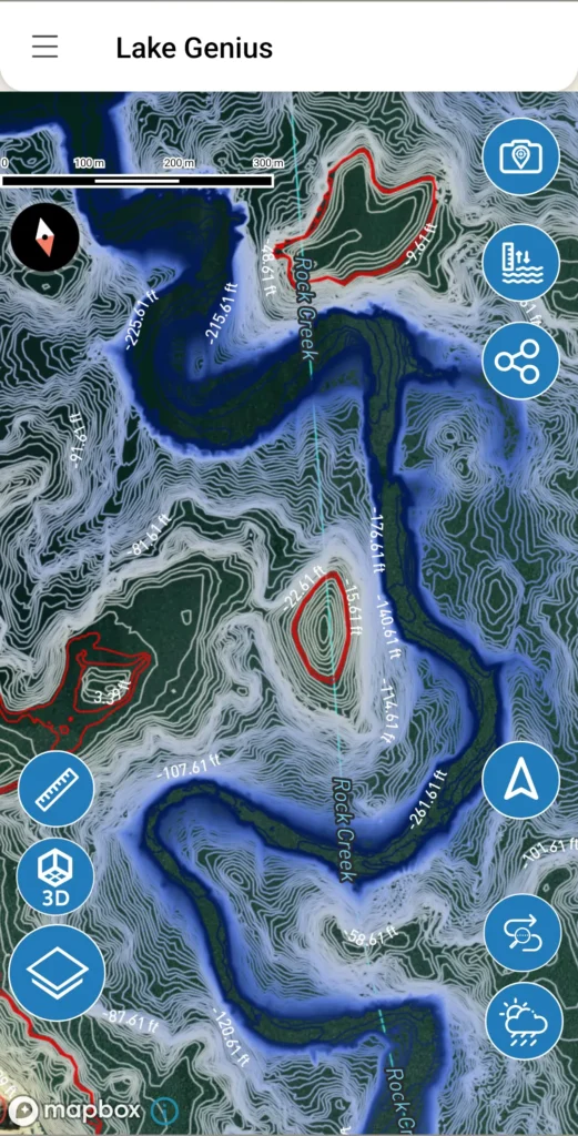 Lake Genius app displaying a top-down lake map with topographic depth contour lines and shoreline hazard markers