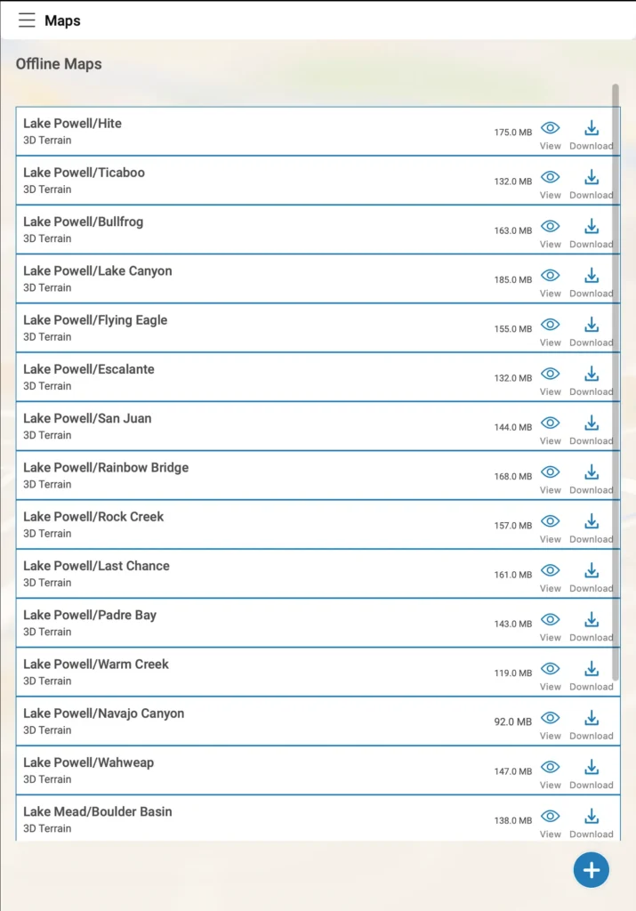 Lake Genius offline maps screen listing downloadable 3D terrain sections of Lake Powell and Lake Mead with file sizes