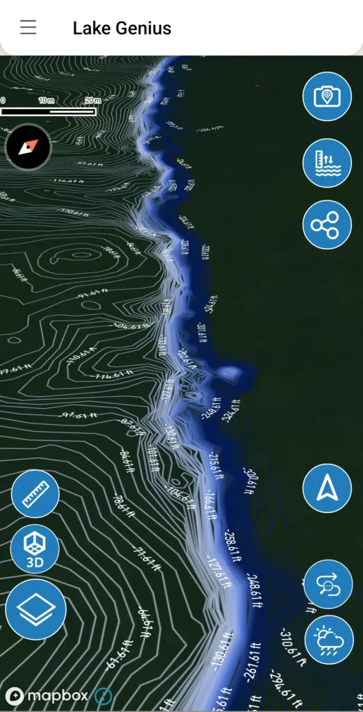 Lake Genius app showing a close-up top-down lake shoreline map with fine depth contour lines and water level measurements