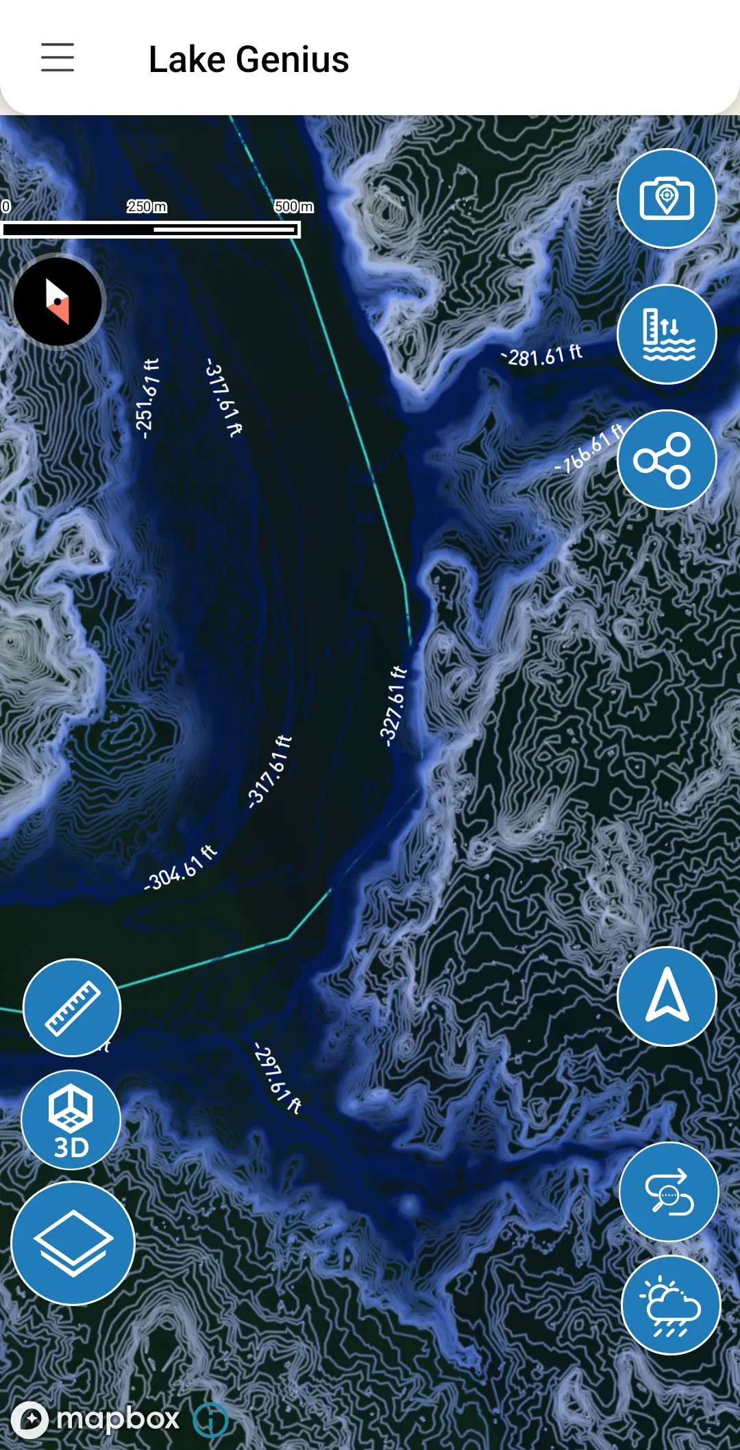 Lake Genius app showing a top-down depth map with water level measurements up to 327 ft deep