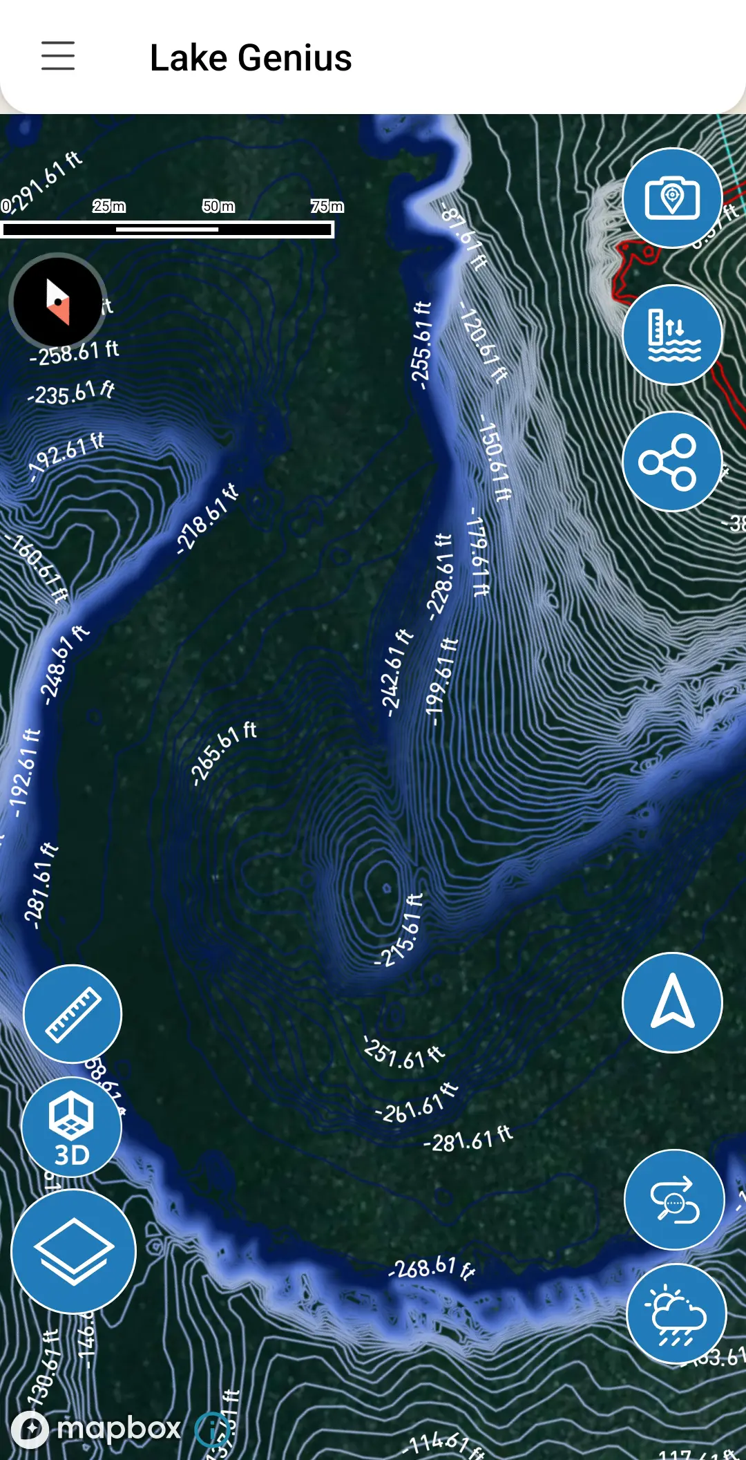 Lake Genius app showing depth contour map with water level measurements