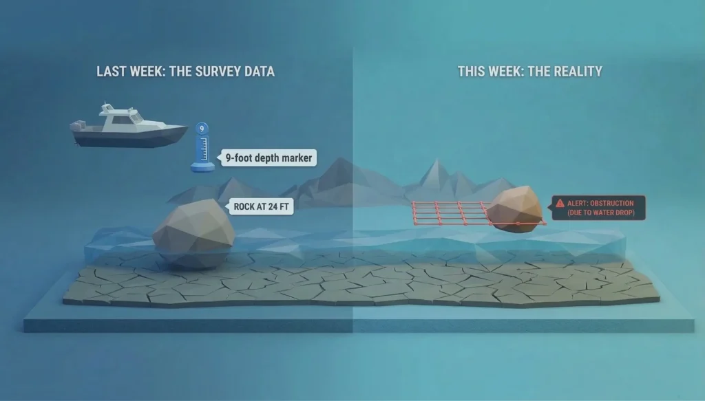 Illustration comparing last week's survey data to this week's reality, showing a submerged rock now exposed as an obstruction due to water level drop