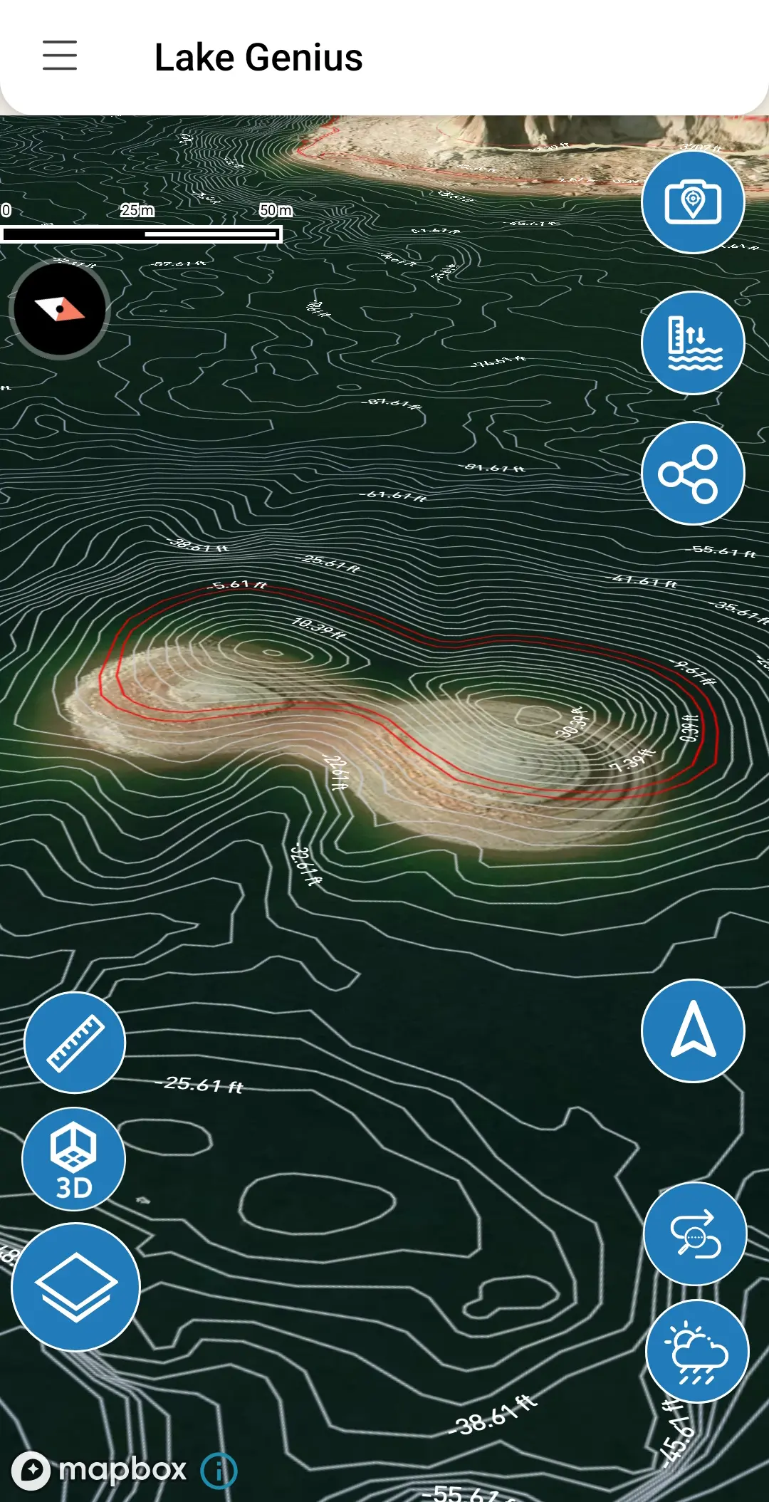 Lake Genius X-ray view showing submerged underwater terrain with depth readings
