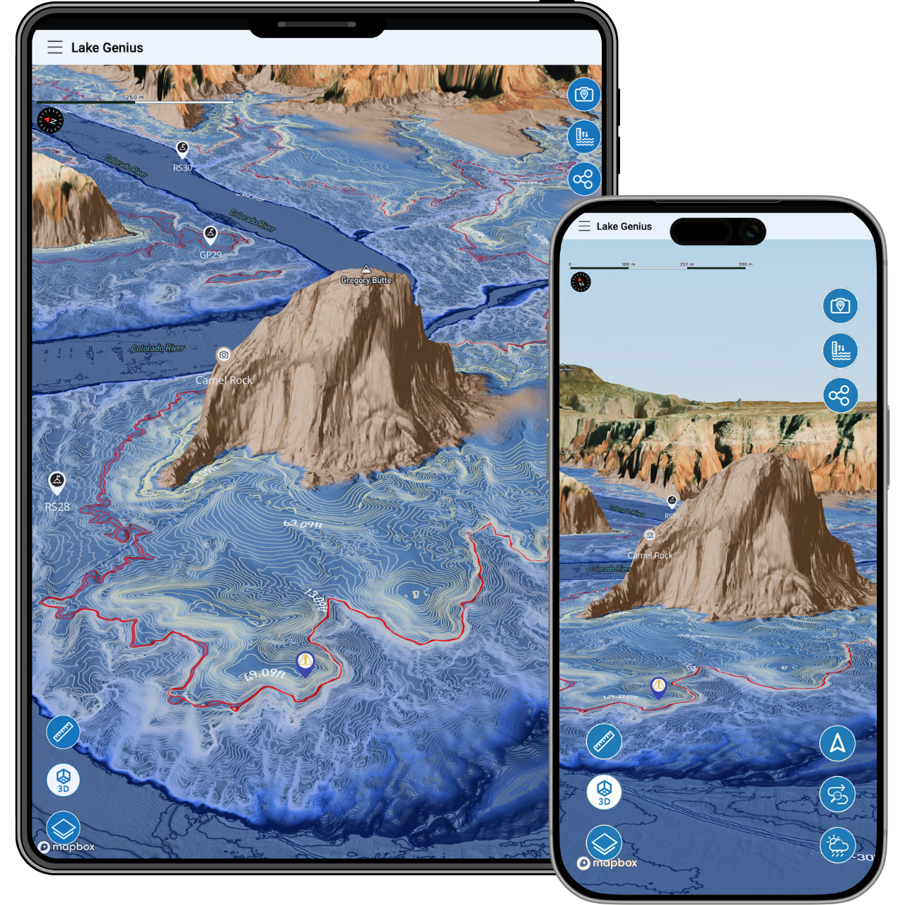 Lake Genius X-ray view on tablet and phone showing Camel Rock submerged formation with depth contours along the Colorado River